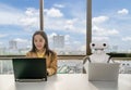 Working women and Robot computers in the office business RPA Robotic Process