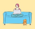 Working women sitting on sofa and little dog, Students learning from home., Work from home concept