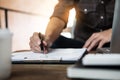 A working wooden desk& x28;table& x29; with notebook computer, coffee cup, Royalty Free Stock Photo