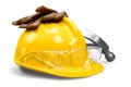 Working yellow hard hat, work gloves, safety Royalty Free Stock Photo