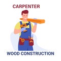 Workinga carpenter builder with drill and boards . Vector illustration in flat cartoon style. Isolated on a white
