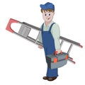 The workman or handyman standing with ladder and a toolbox