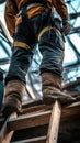 Workman on Ladder in Protective Gear Royalty Free Stock Photo