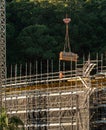 Workman loading timber bearers by tower crane on new social housing home unit block at 56-58 Beane St. Gosford, Australia. March