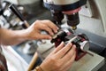 Workman making duplicates of keys . Royalty Free Stock Photo