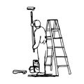 Workman painting the wall with a roller with ladder - vector ill