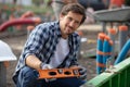 workman using spirit level on construction site Royalty Free Stock Photo