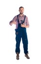 Handyman with hammer standing on white background