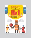 Workmen builders and engineers with tools or equipment poster vector illustration. Workers in hardhats and working