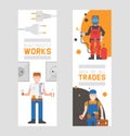 Workmen builders and engineers with tools or equipment set of vertical banners vector illustration. Workers in hardhats