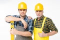 Workmen with level tool Royalty Free Stock Photo