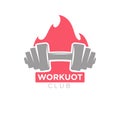 Workout club promotion banner. Dumbbell on background of burning fire.