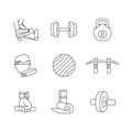 Workout equipment linear icons set