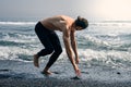 Workout Exercise. Closeup Of Topless Healthy Handsome Active Man With Fit Muscular Body Doing Exercises. Sporty Athletic Long Hair Royalty Free Stock Photo