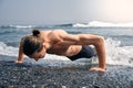 Workout Exercise. Closeup Of Topless Healthy Handsome Active Man With Fit Muscular Body Doing Push Ups Exercises. Sporty Athletic Royalty Free Stock Photo