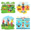 Workout exercise vector active people exercising with trainer in sportive group in park illustration set of man or woman Royalty Free Stock Photo