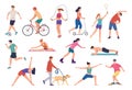 Workout exercises. People sport training. Woman practicing yoga. Soccer playing. Man on bicycle. Walk dog in park. Girl Royalty Free Stock Photo