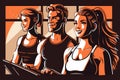 Fitness club workout - girls and young man are exercising on treadmills. AI generated Illustration.