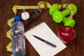 Workout and fitness dieting copy space diary. Healthy lifestyle concept. Royalty Free Stock Photo