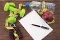 Workout and fitness dieting copy space diary. Healthy lifestyle concept. Royalty Free Stock Photo