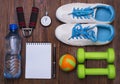 Healthy lifestyle concept.Dumbbell, expander hand and ball on rustic wooden table. Royalty Free Stock Photo