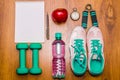 Workout and fitness dieting copy space diary. Healthy lifestyle concept. Dumbbell, water, expander hand ball on rustic