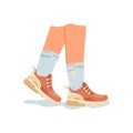 Cartoon comfortable sport shoes on legs in socks