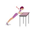 Workout at home - arms. Girl exercises push-ups. Isolated on a white background