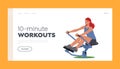 Workout Landing Page Template. Young Woman Training on Rowing Apparatus. Athletic Girl in Sportswear Exercising