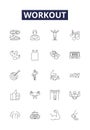 Workout line vector icons and signs. Fitness, Training, Aerobics, Push-ups, Jogging, Running, Cycle, Rowing outline