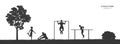 Workout panorama. Outdoor fitness. Silhouettes of training people. Park landscape with athletic men and women Royalty Free Stock Photo