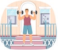 Guy doing sports and lead healthy life outdoors. Athlete lifts dumbbells in doorstep of his house