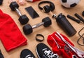 Workout, soccer and sport equipment background