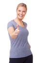 Workout, thumbs up and woman in studio for fitness success, exercise achievement and winning hands or like emoji