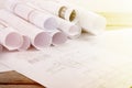 Workplace of architect - construction drawings Royalty Free Stock Photo