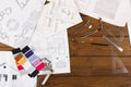 Architectural project, engineering tools on table. Royalty Free Stock Photo