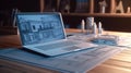 Workplace of an architect, interior designer, engineer. Laptop with a project on the monitor, blueprints, drawing tools Royalty Free Stock Photo