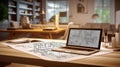 Workplace of an architect, interior designer, engineer. Laptop with a project on the monitor, blueprints, drawing tools Royalty Free Stock Photo