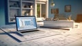 Workplace of an architect, interior designer, engineer. Laptop with a project on the monitor, blueprints, drawing tools Royalty Free Stock Photo