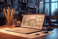 Workplace of an architect, interior designer, engineer. Laptop with a project on the monitor, blueprints, drawing tools Royalty Free Stock Photo