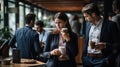 workplace as a group of happy business people takes a coffee break, AI-generated