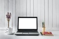 Workplace background with Blank white screen modern laptop compu Royalty Free Stock Photo