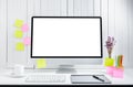 workplace background for designers with Blank white screen modern desktop computer. Royalty Free Stock Photo