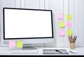 Workplace background for designers with Blank white screen moder Royalty Free Stock Photo