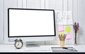 Workplace background for designers with Blank white screen moder Royalty Free Stock Photo