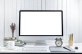 workplace background for designers with Blank white screen modern desktop computer. Royalty Free Stock Photo