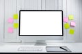 workplace background for designers with Blank white screen modern desktop computer. Royalty Free Stock Photo