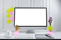 workplace background for designers with Blank white screen modern desktop computer. Royalty Free Stock Photo