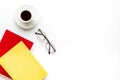 Workplace with books, glasses, coffee on white background flatlay mockup