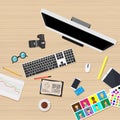 Workplace business office job people. Graphic web work internet vector. Person computer illustration style. Brainstorming process Royalty Free Stock Photo